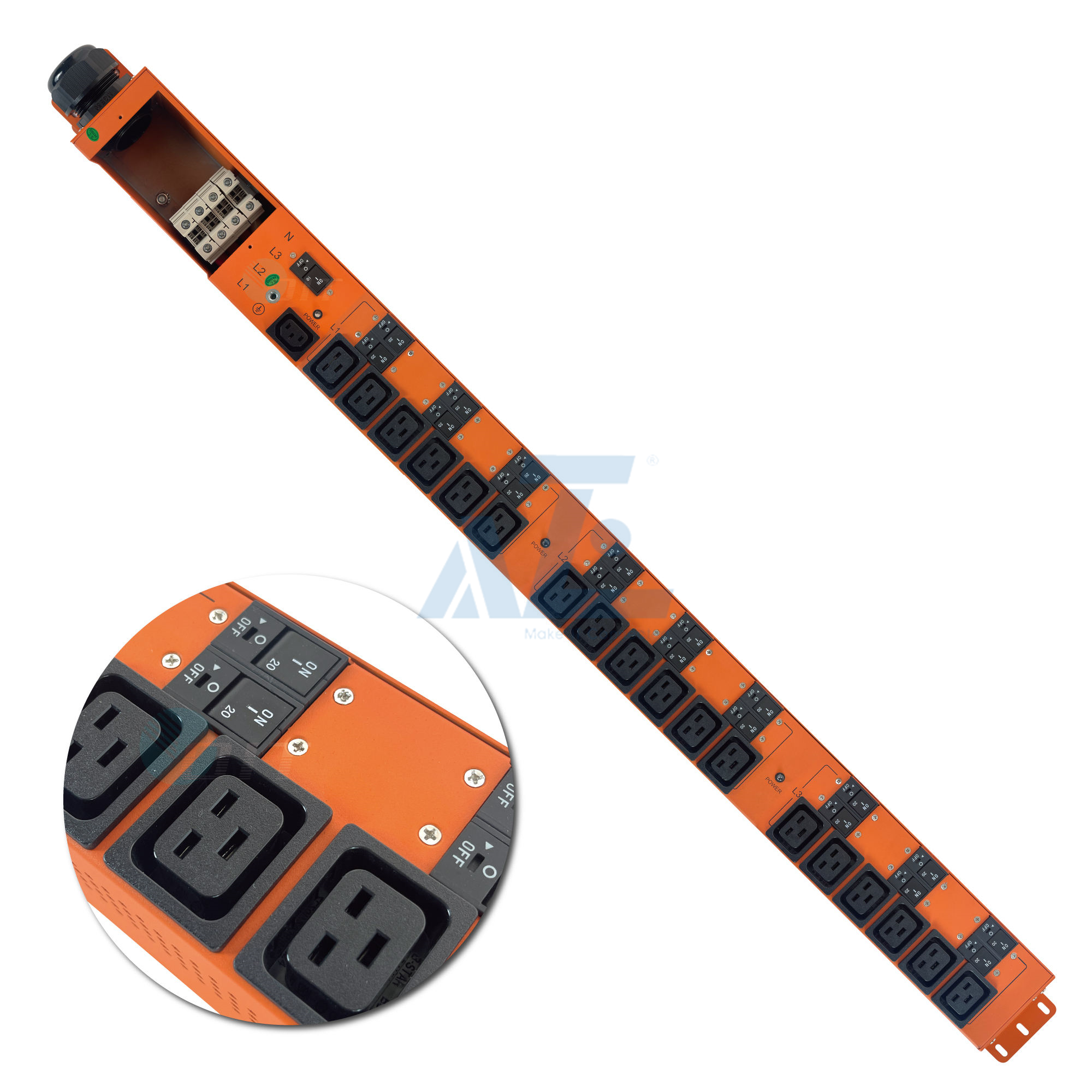 Basic Mining PDU, 3 Phase, 415V/125A, (18) C19, w/ Hydraulic Magnetic Circuit Breakers, Orange