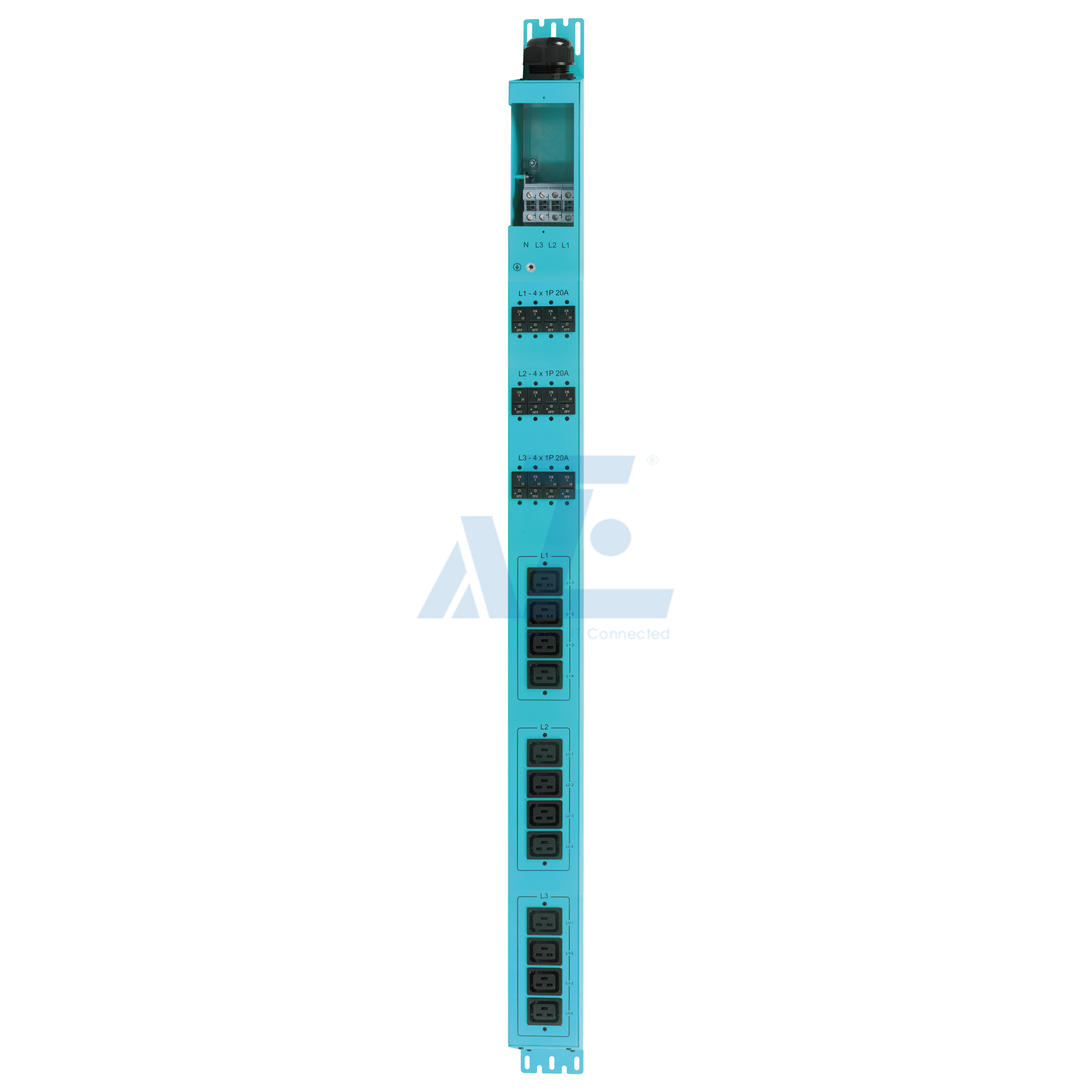 Basic Mining PDU, 3 Phase, 415V/80A, (12) C19, w/ Hydraulic Magnetic Circuit Breakers, Aqua