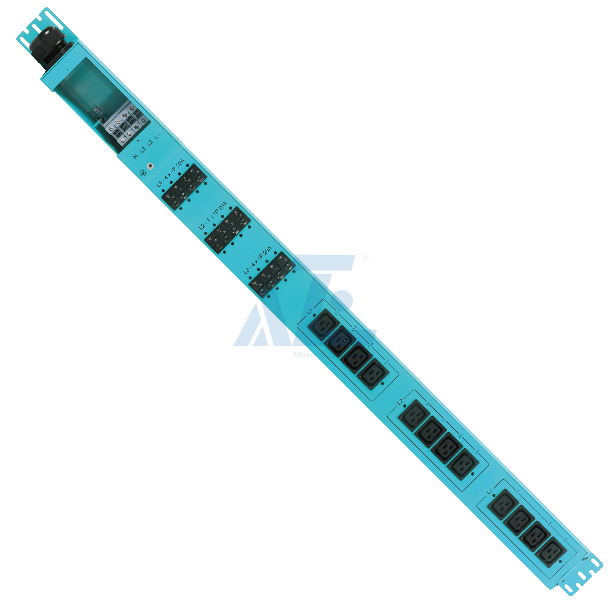 Basic Mining PDU, 3 Phase, 415V/80A, (12) C19, w/ Hydraulic Magnetic Circuit Breakers, Aqua