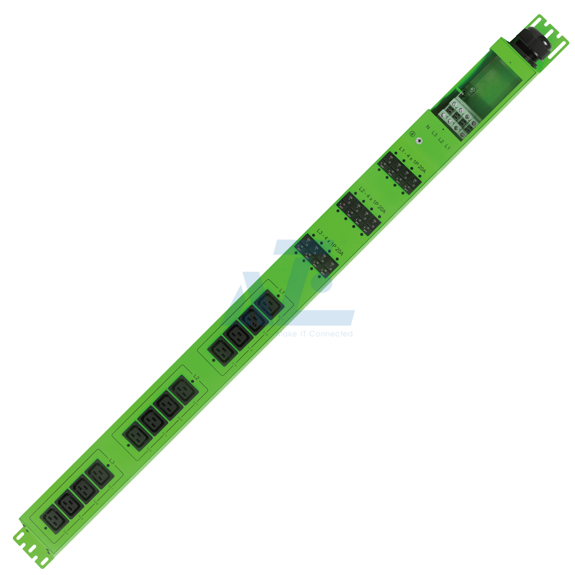 Basic Mining PDU, 3 Phase, 415V/80A, (12) C19, w/ Hydraulic Magnetic Circuit Breakers, Green