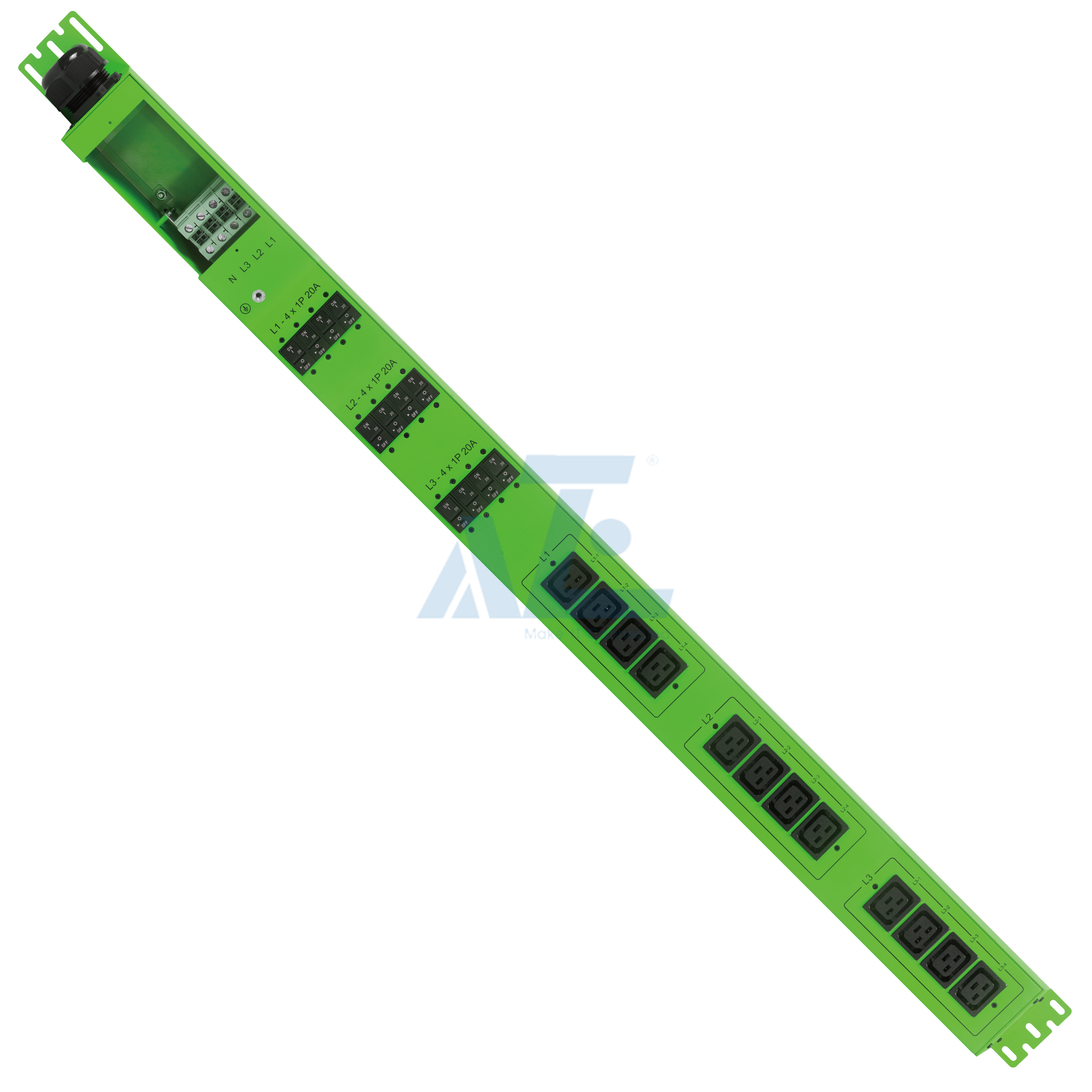 Basic Mining PDU, 3 Phase, 415V/80A, (12) C19, w/ Hydraulic Magnetic Circuit Breakers, Green